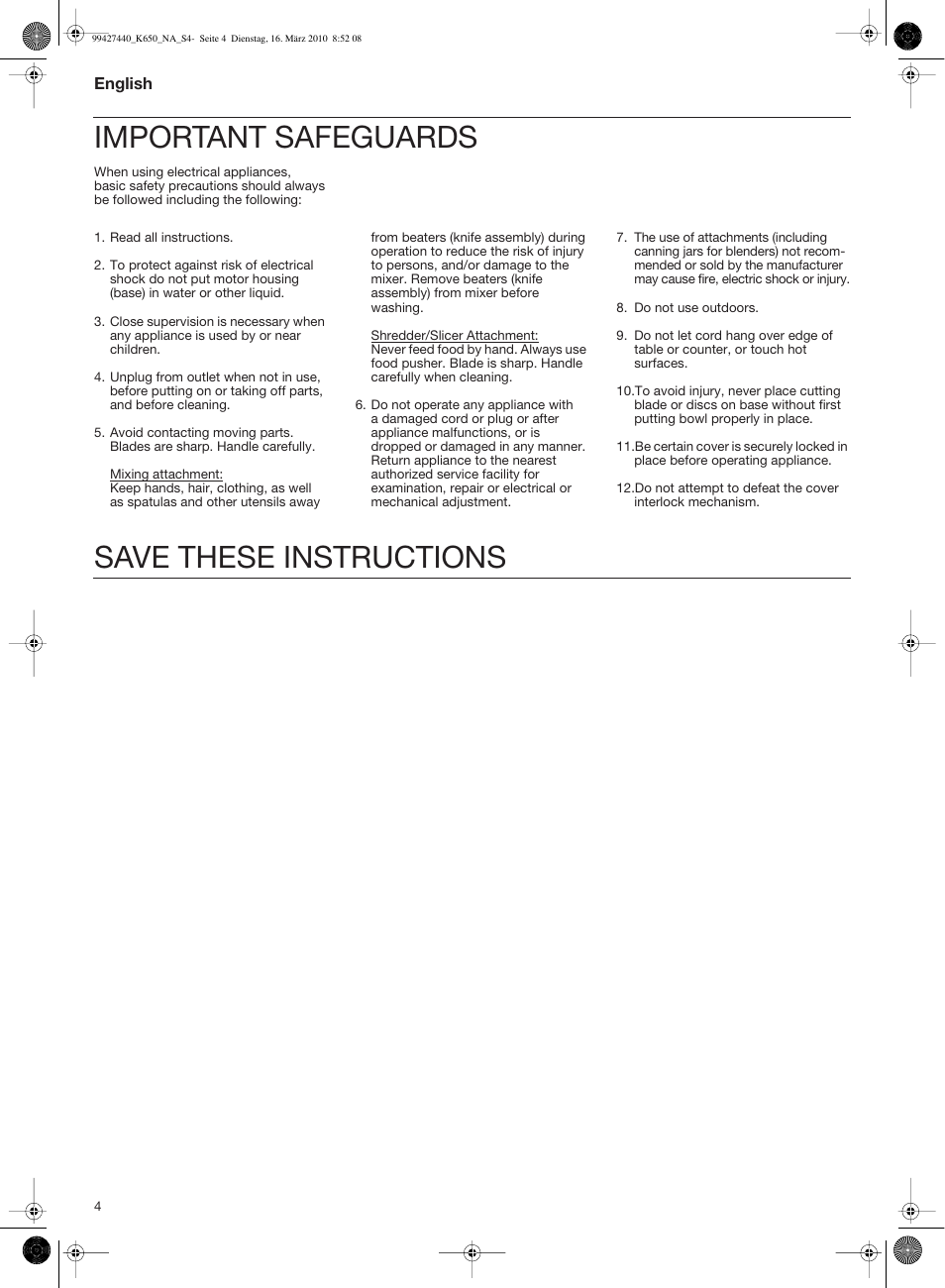 Important safeguards, Save these instructions | Braun MULTIQUICK 3 K 600 User Manual | Page 4 / 18