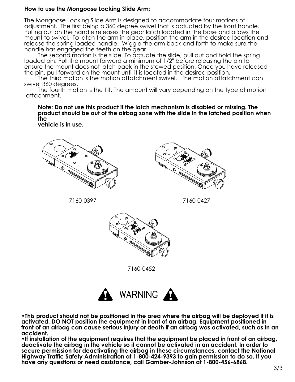 Warning | Gamber-Johnson 7160-0452 User Manual | Page 3 / 4