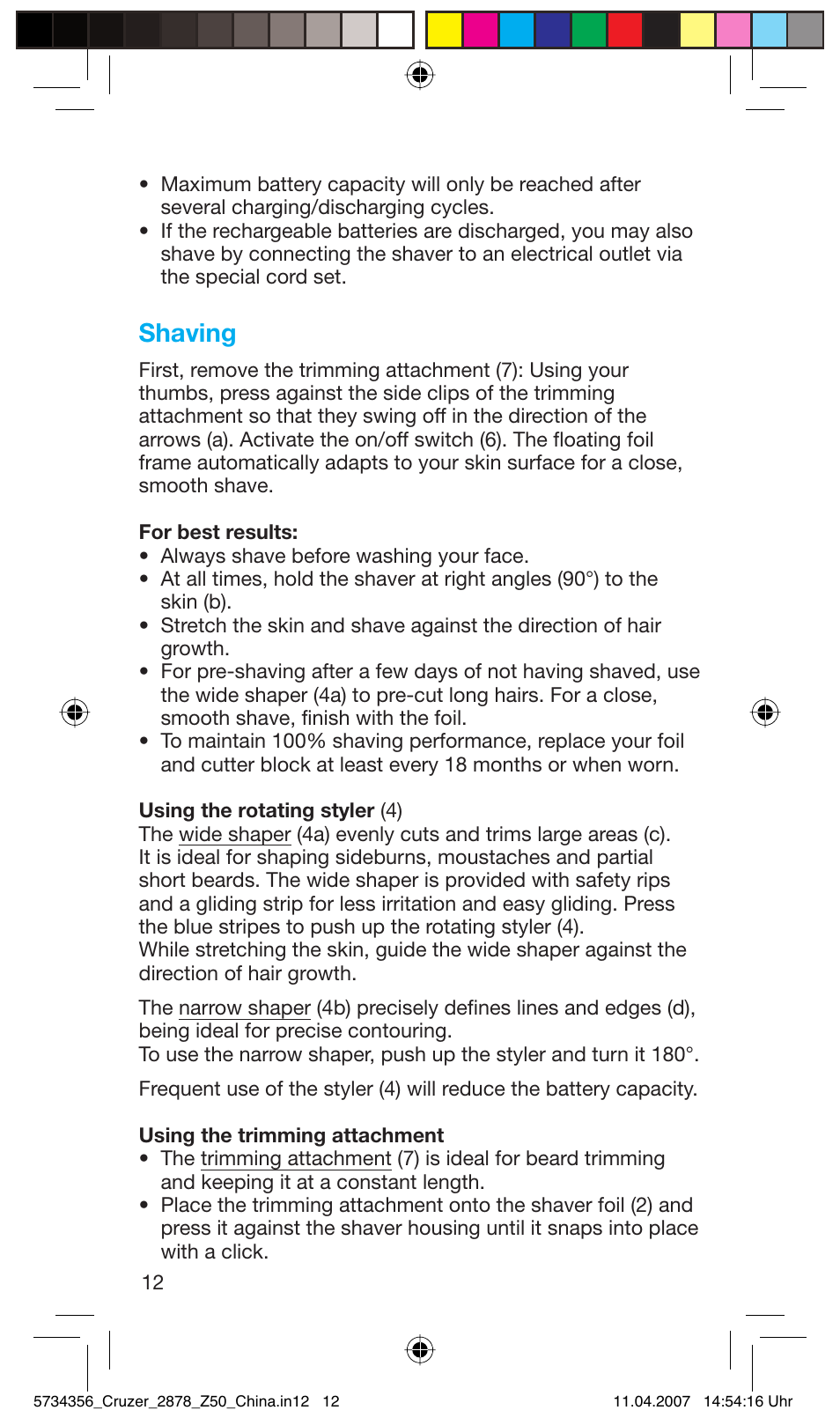 Shaving | Braun Z50 User Manual | Page 12 / 14