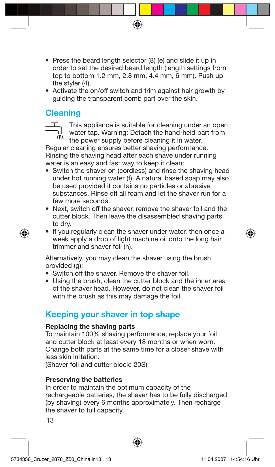 Cleaning, Keeping your shaver in top shape | Braun Z50 User Manual | Page 13 / 14