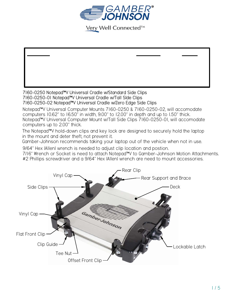 Gamber-Johnson 7160-0252 User Manual | 5 pages