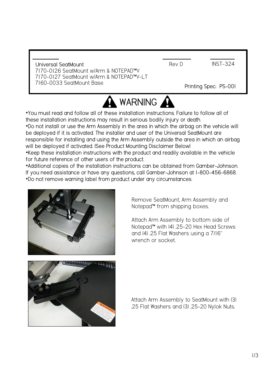 Gamber-Johnson 7160-0033 User Manual | 3 pages