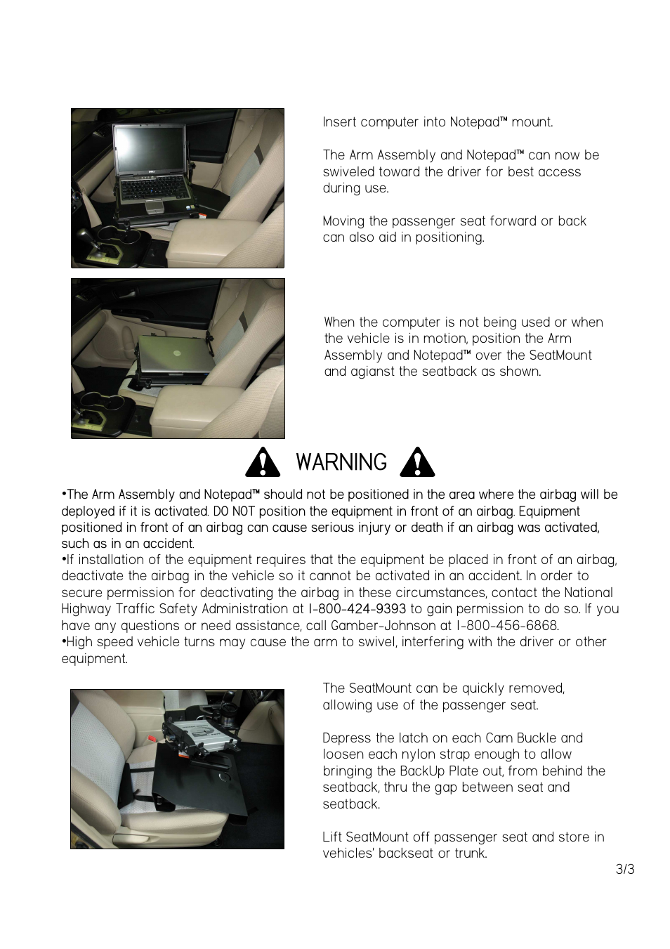 Warning | Gamber-Johnson 7160-0033 User Manual | Page 3 / 3