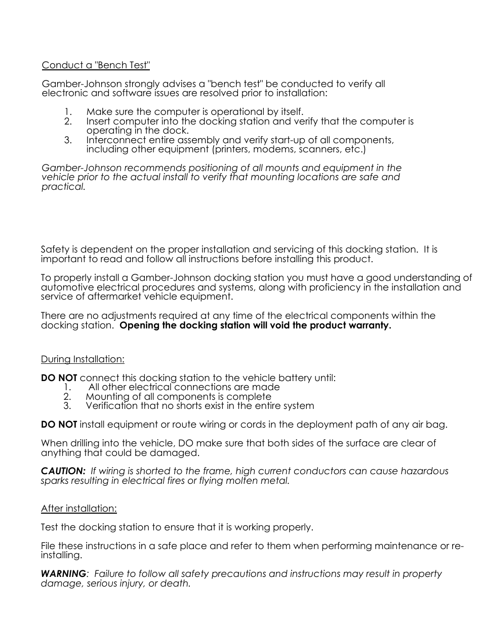 Important safety information for installers, Pre-installation recommendatoins | Gamber-Johnson 7160-0486 User Manual | Page 2 / 5
