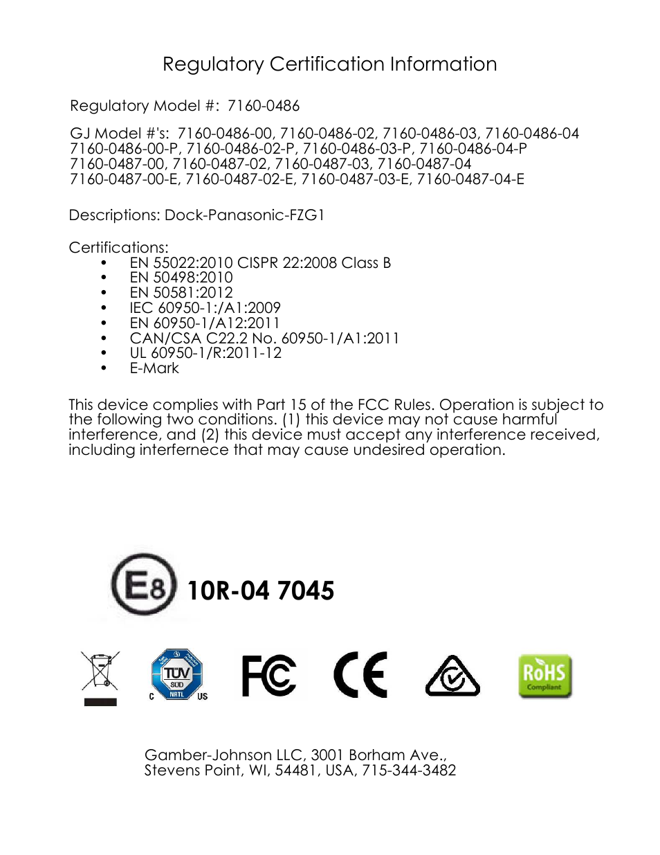 Regulatory certification information | Gamber-Johnson 7160-0486 User Manual | Page 5 / 5