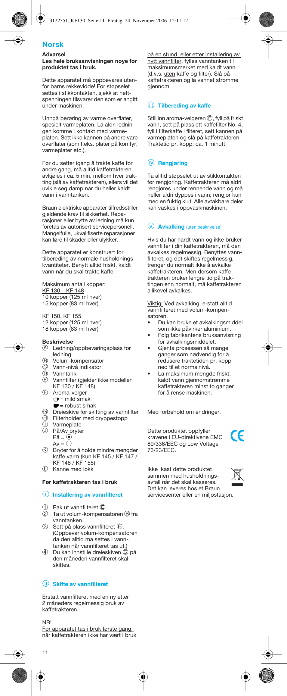 Norsk | Braun kf 140 User Manual | Page 11 / 21