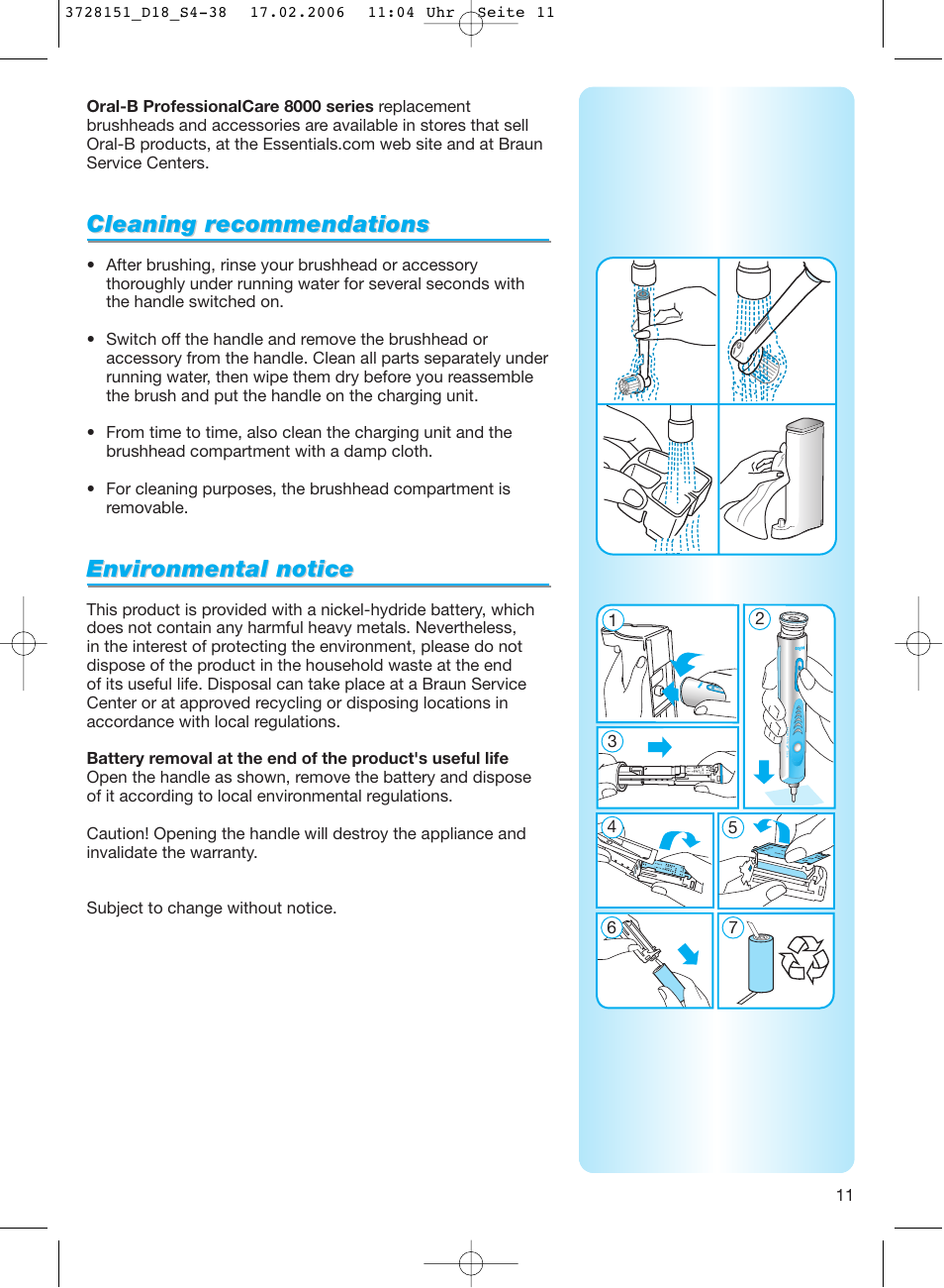 Cleaning r, Cleaning r ecommendations ecommendations, Envir | Envir onmental notice onmental notice | Braun 8000 series User Manual | Page 11 / 34