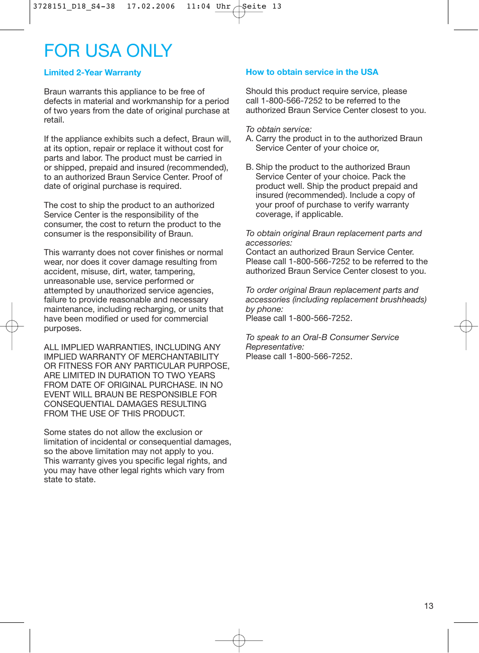 For usa only | Braun 8000 series User Manual | Page 13 / 34