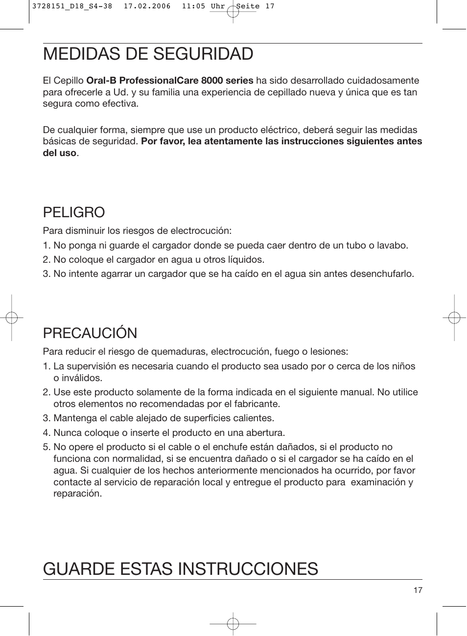 Medidas de seguridad, Guarde estas instrucciones, Peligro | Precaución | Braun 8000 series User Manual | Page 17 / 34