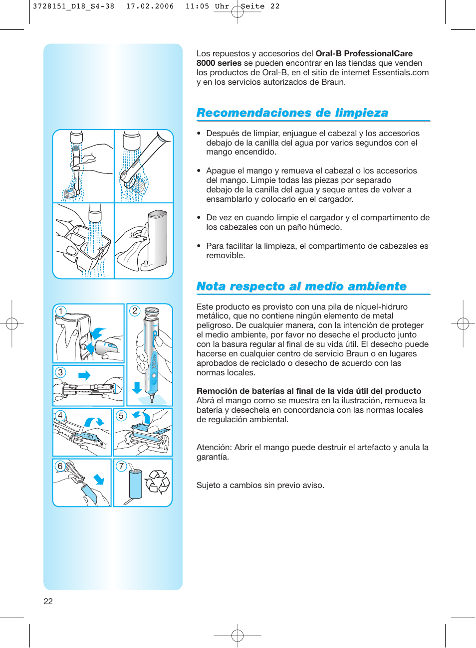 Recomendaciones de limpieza, Nota r | Braun 8000 series User Manual | Page 22 / 34
