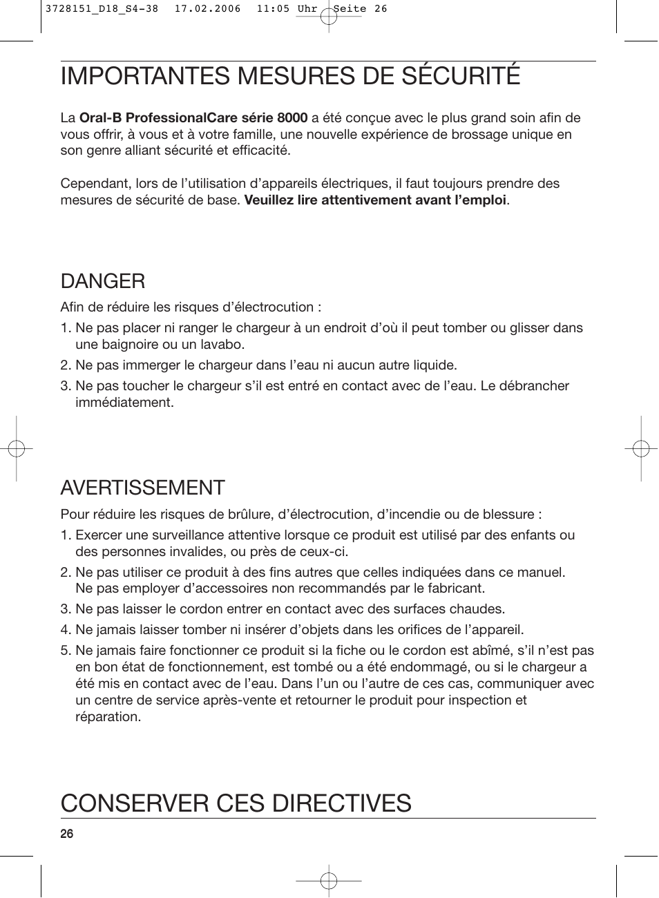 Importantes mesures de sécurité, Conserver ces directives, Danger | Avertissement | Braun 8000 series User Manual | Page 26 / 34