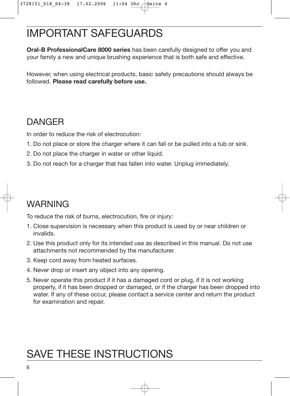Important safeguards, Save these instructions, Danger | Warning | Braun 8000 series User Manual | Page 6 / 34