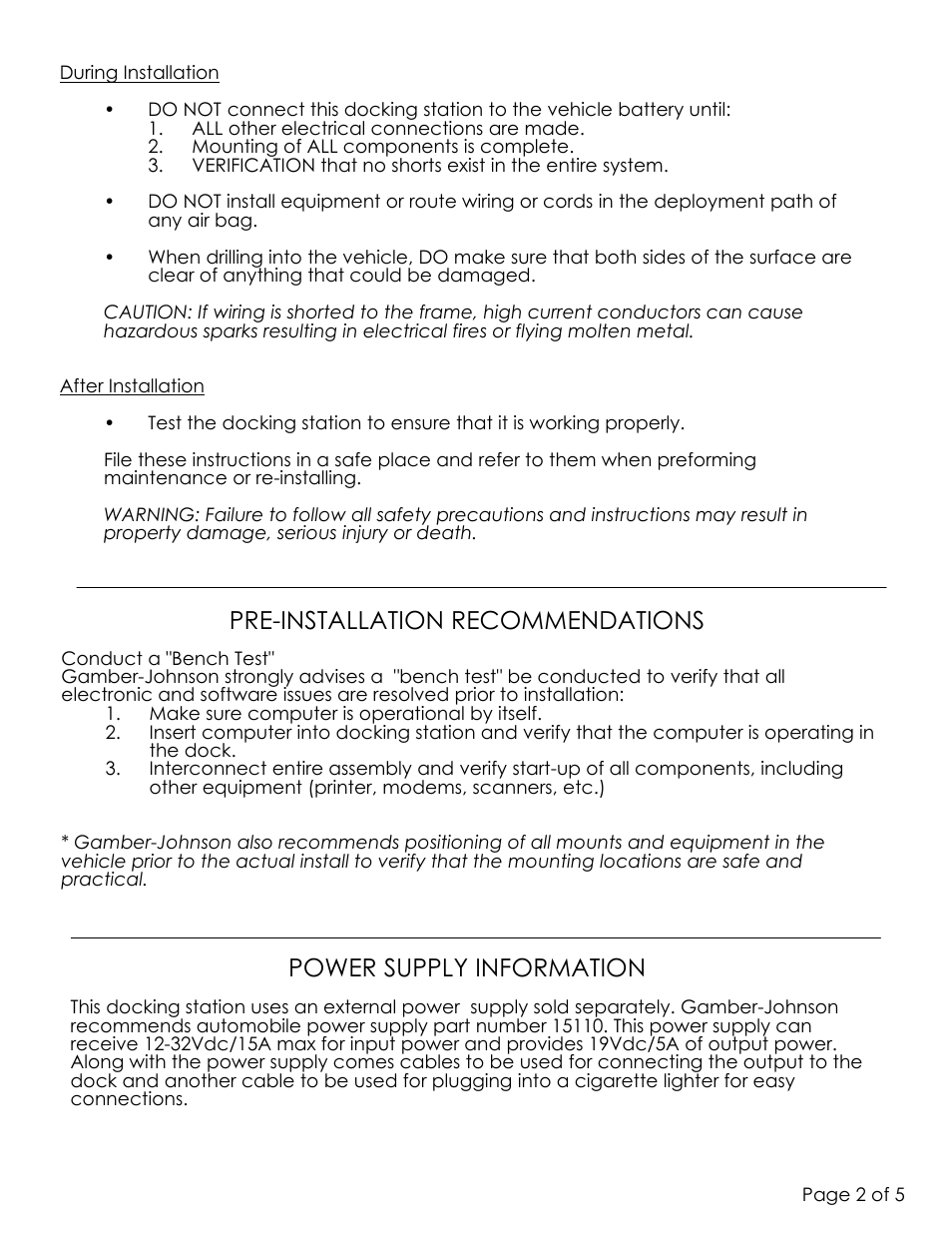 Pre-installation recommendations, Power supply information | Gamber-Johnson 7160-0505-xx User Manual | Page 2 / 5