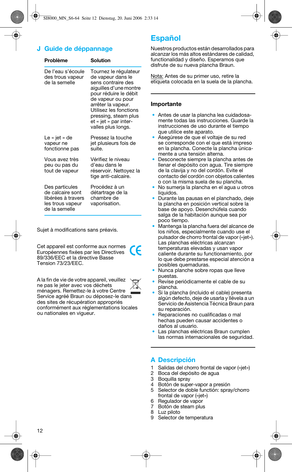 Español, J guide de déppannage, A descripción | Braun SI 8595 User Manual | Page 12 / 61