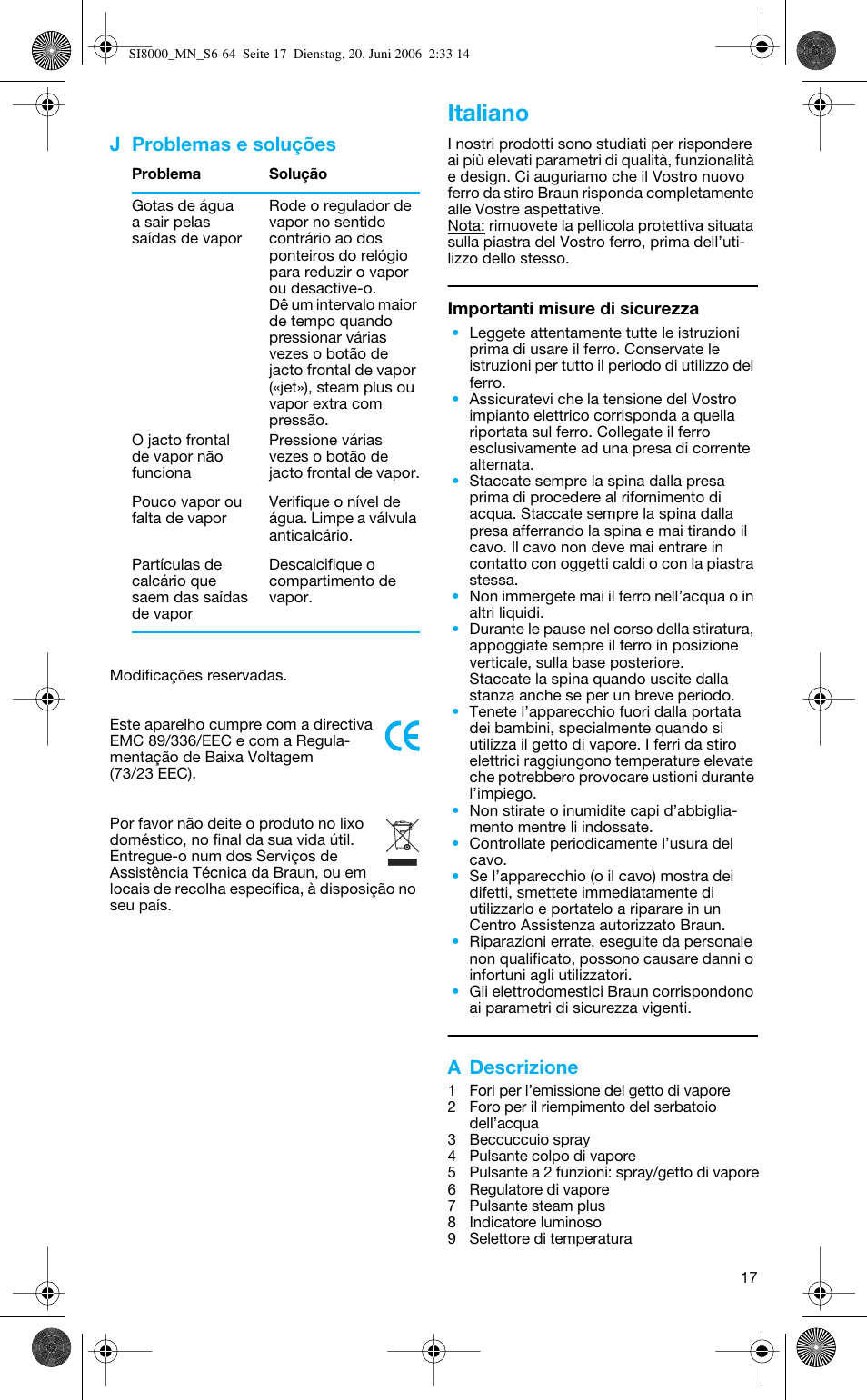 Italiano, J problemas e soluções, A descrizione | Braun SI 8595 User Manual | Page 17 / 61