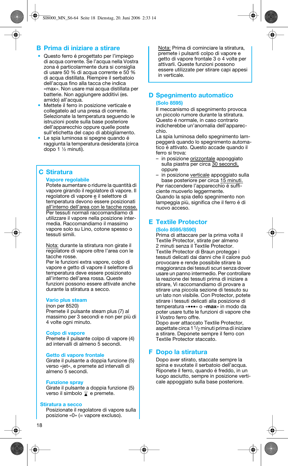 B prima di iniziare a stirare, D spegnimento automatico, E textile protector | F dopo la stiratura, C stiratura | Braun SI 8595 User Manual | Page 18 / 61