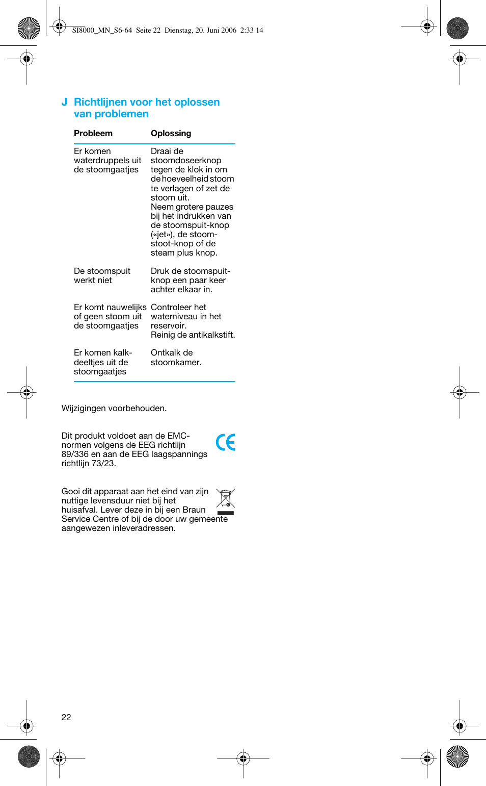 J richtlijnen voor het oplossen van problemen | Braun SI 8595 User Manual | Page 22 / 61