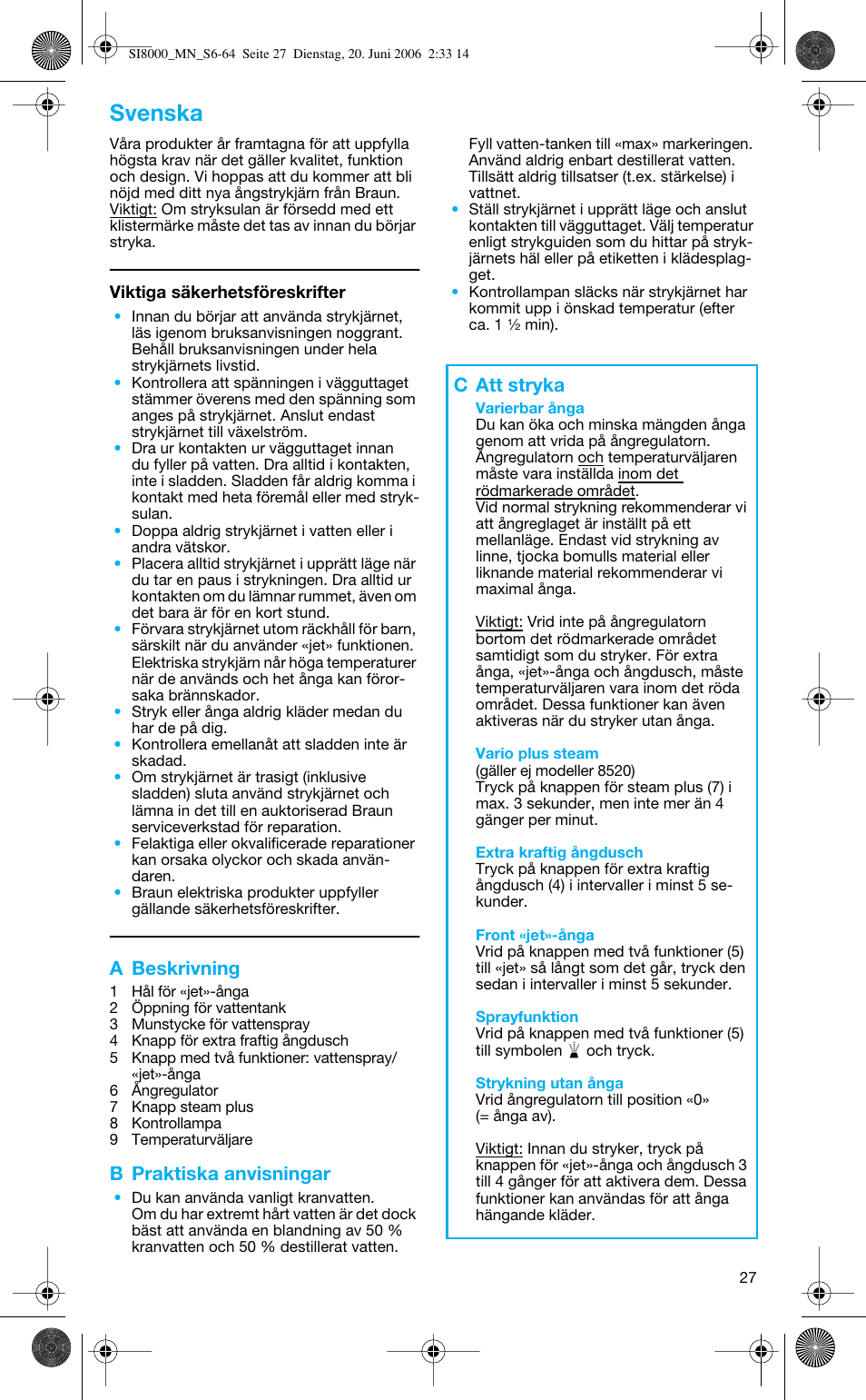 Svenska, A beskrivning, B praktiska anvisningar | C att stryka | Braun SI 8595 User Manual | Page 27 / 61