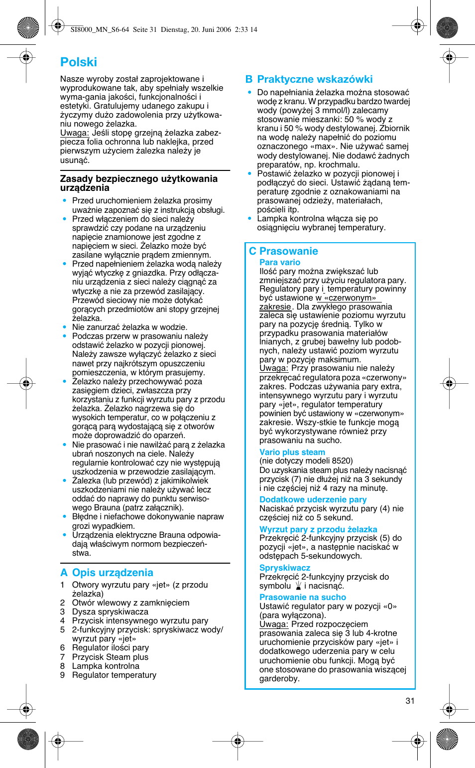 Polski, A opis urzàdzenia, B praktyczne wskazówki | C prasowanie | Braun SI 8595 User Manual | Page 31 / 61