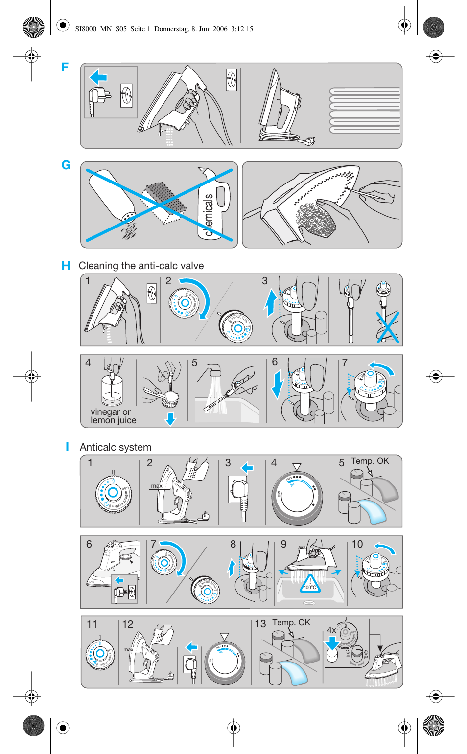 Chemicals, Cleaning the anti-calc valve 1 2 3 anticalc system, Vinegar or lemon juice | Temp. ok, Max jet ma x min s c, Max jet max min, Jet max | Braun SI 8595 User Manual | Page 5 / 61