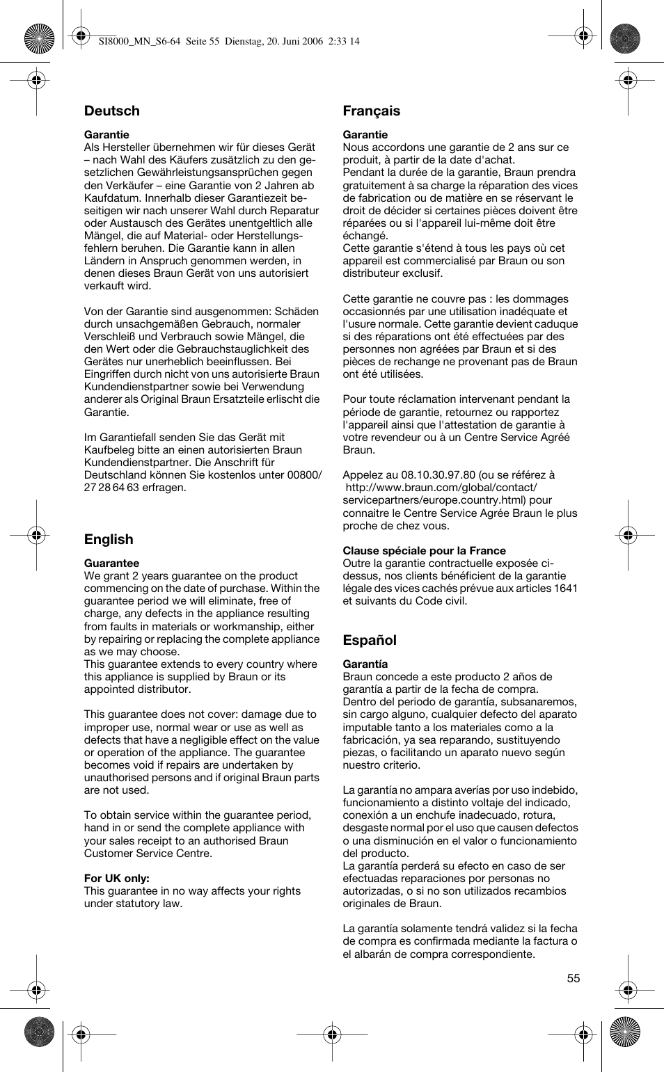 Deutsch, English, Français | Español | Braun SI 8595 User Manual | Page 55 / 61