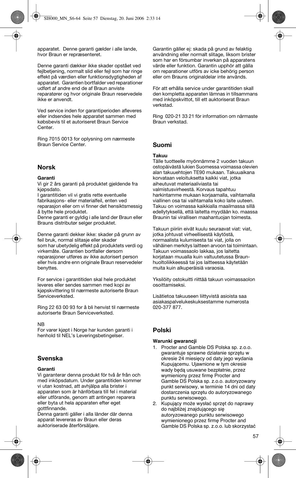 Norsk, Svenska, Suomi | Polski | Braun SI 8595 User Manual | Page 57 / 61