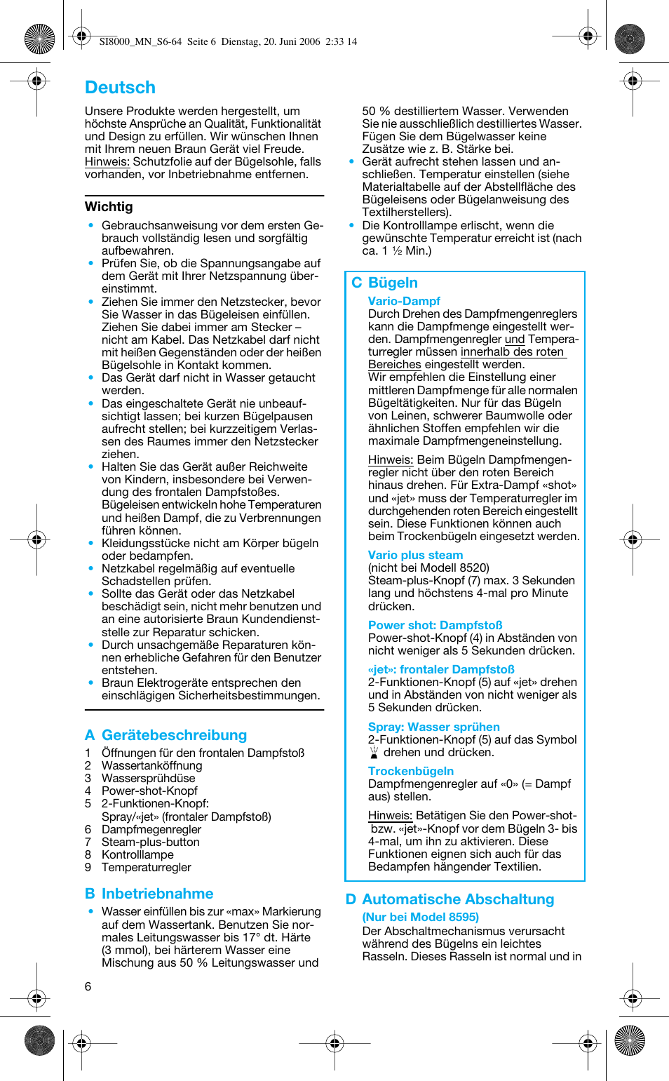 Deutsch, A gerätebeschreibung, B inbetriebnahme | D automatische abschaltung, C bügeln | Braun SI 8595 User Manual | Page 6 / 61