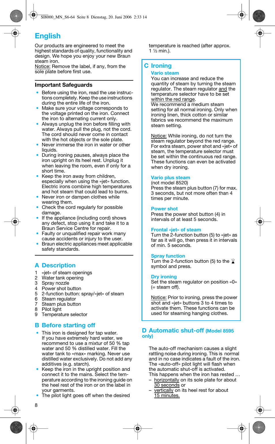 English, A description, B before starting off | D automatic shut-off, C ironing | Braun SI 8595 User Manual | Page 8 / 61