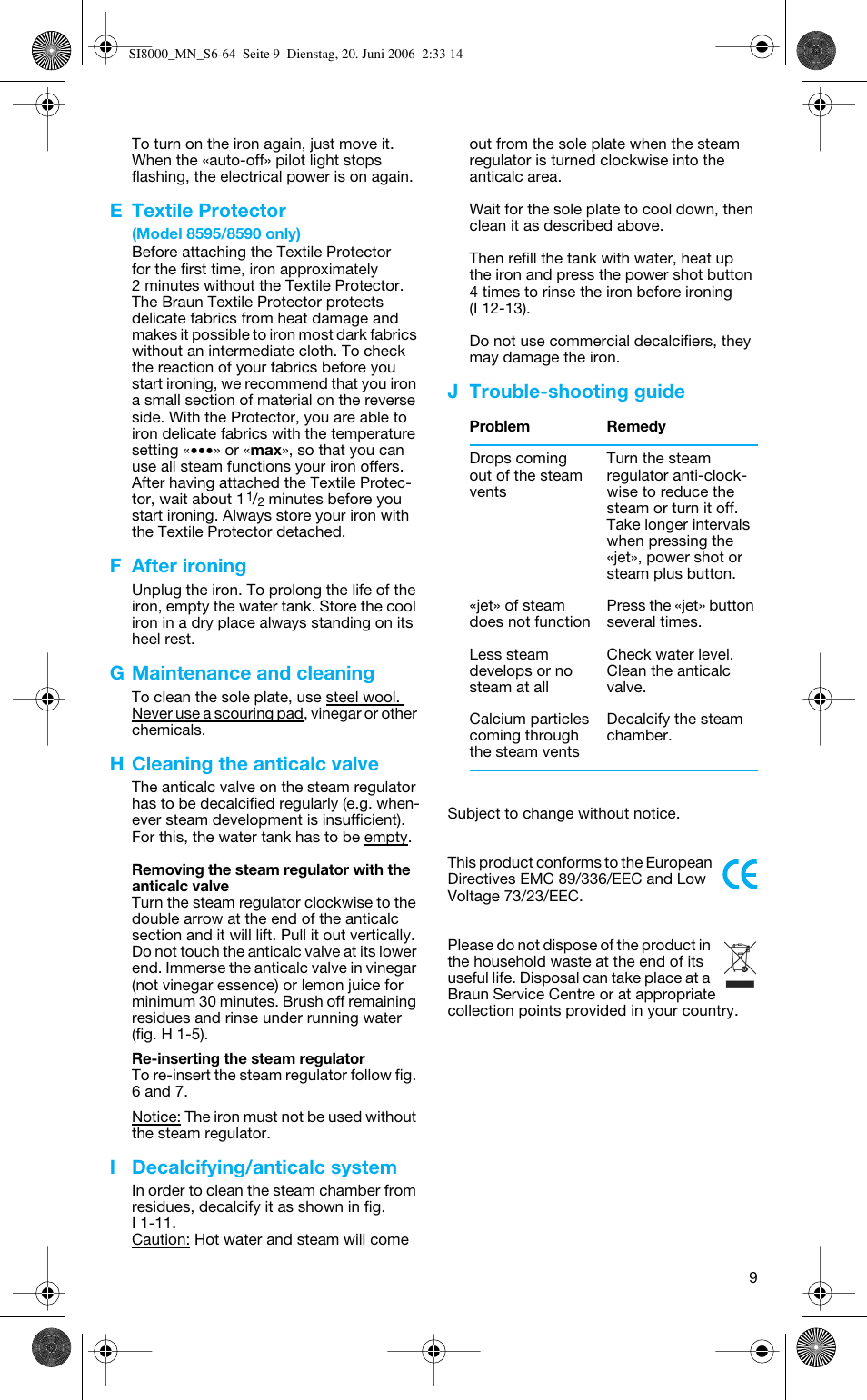 E textile protector, F after ironing, G maintenance and cleaning | H cleaning the anticalc valve, I decalcifying/anticalc system, J trouble-shooting guide | Braun SI 8595 User Manual | Page 9 / 61