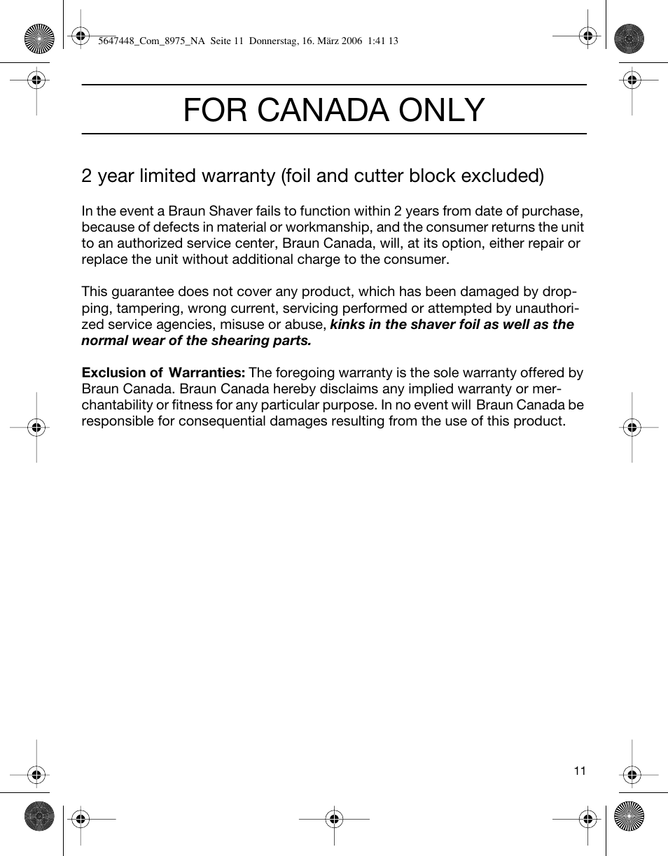 For canada only | Braun 5647 User Manual | Page 11 / 26