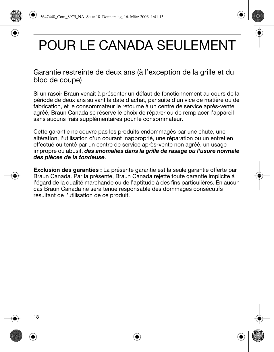 Pour le canada seulement | Braun 5647 User Manual | Page 18 / 26