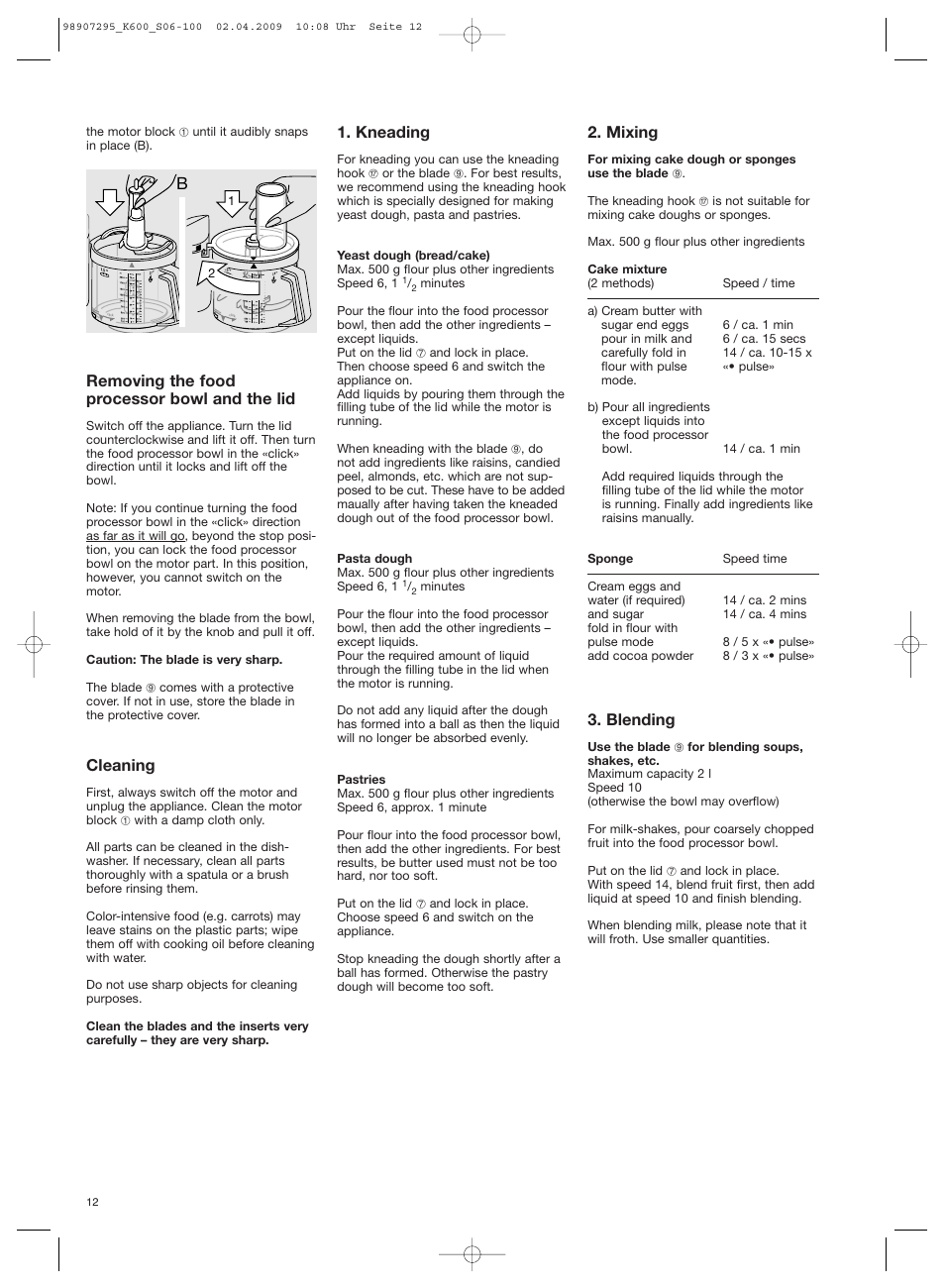 Removing the food processor bowl and the lid, Cleaning, Kneading | Mixing, Blending | Braun CombiMax 650 User Manual | Page 11 / 95