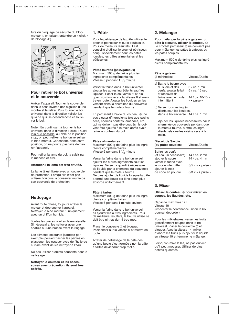 Pour retirer le bol universel et le couvercle, Nettoyage, Pétrir | Mélanger, Mixer | Braun CombiMax 650 User Manual | Page 16 / 95