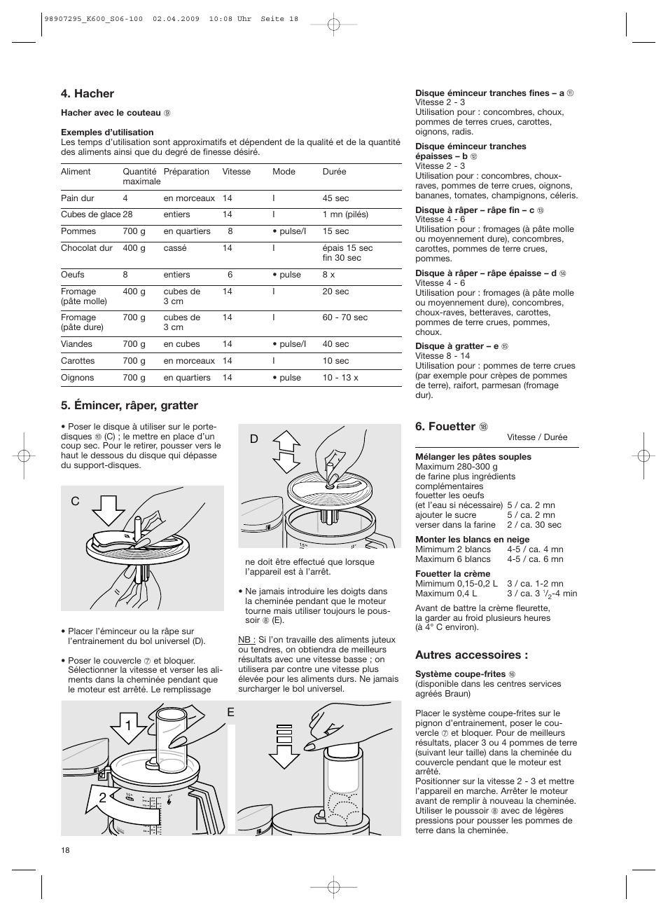 Hacher, Émincer, râper, gratter, Fouetter r | Autres accessoires | Braun CombiMax 650 User Manual | Page 17 / 95