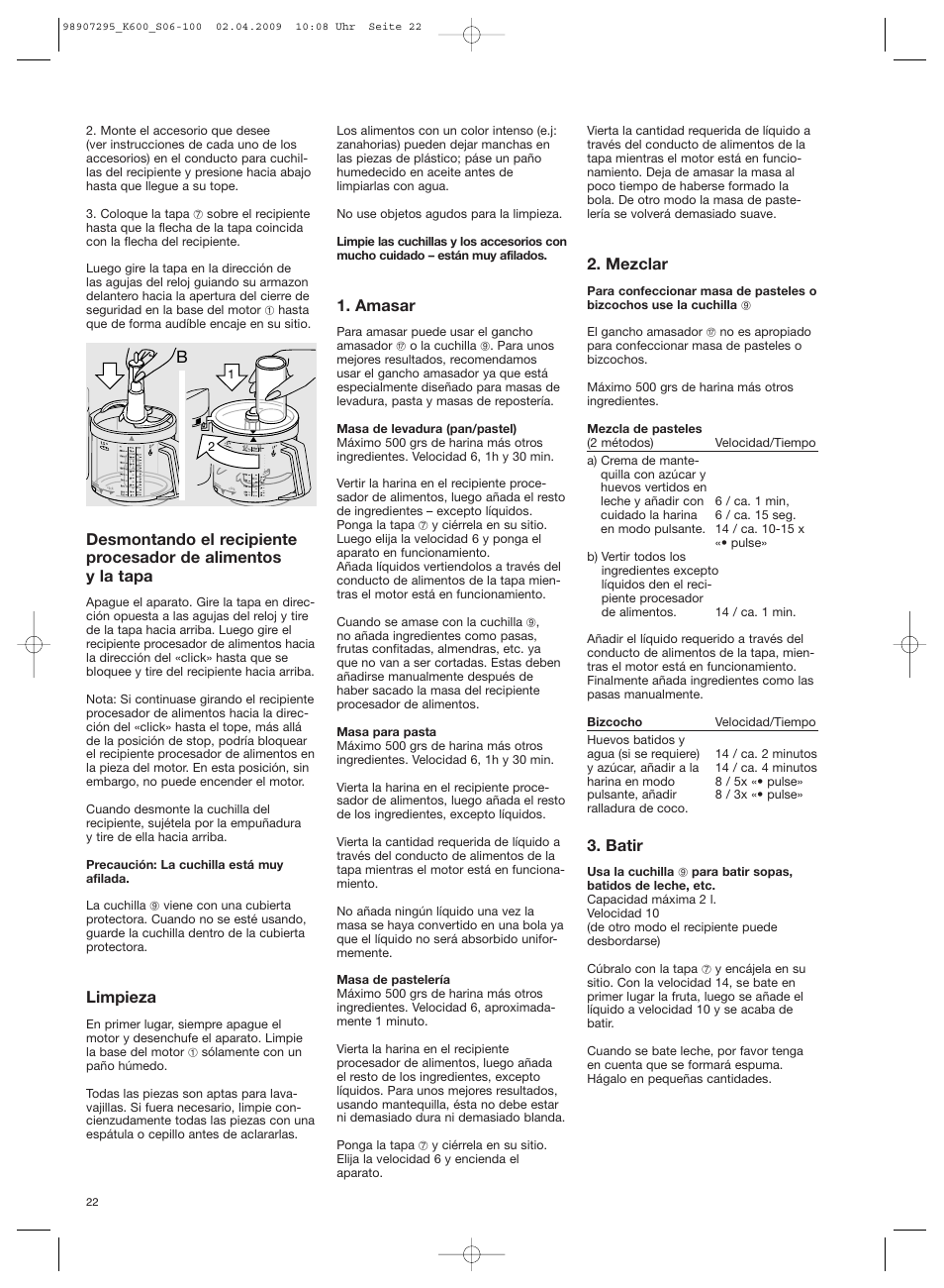 Limpieza, Amasar, Mezclar | Batir | Braun CombiMax 650 User Manual | Page 21 / 95