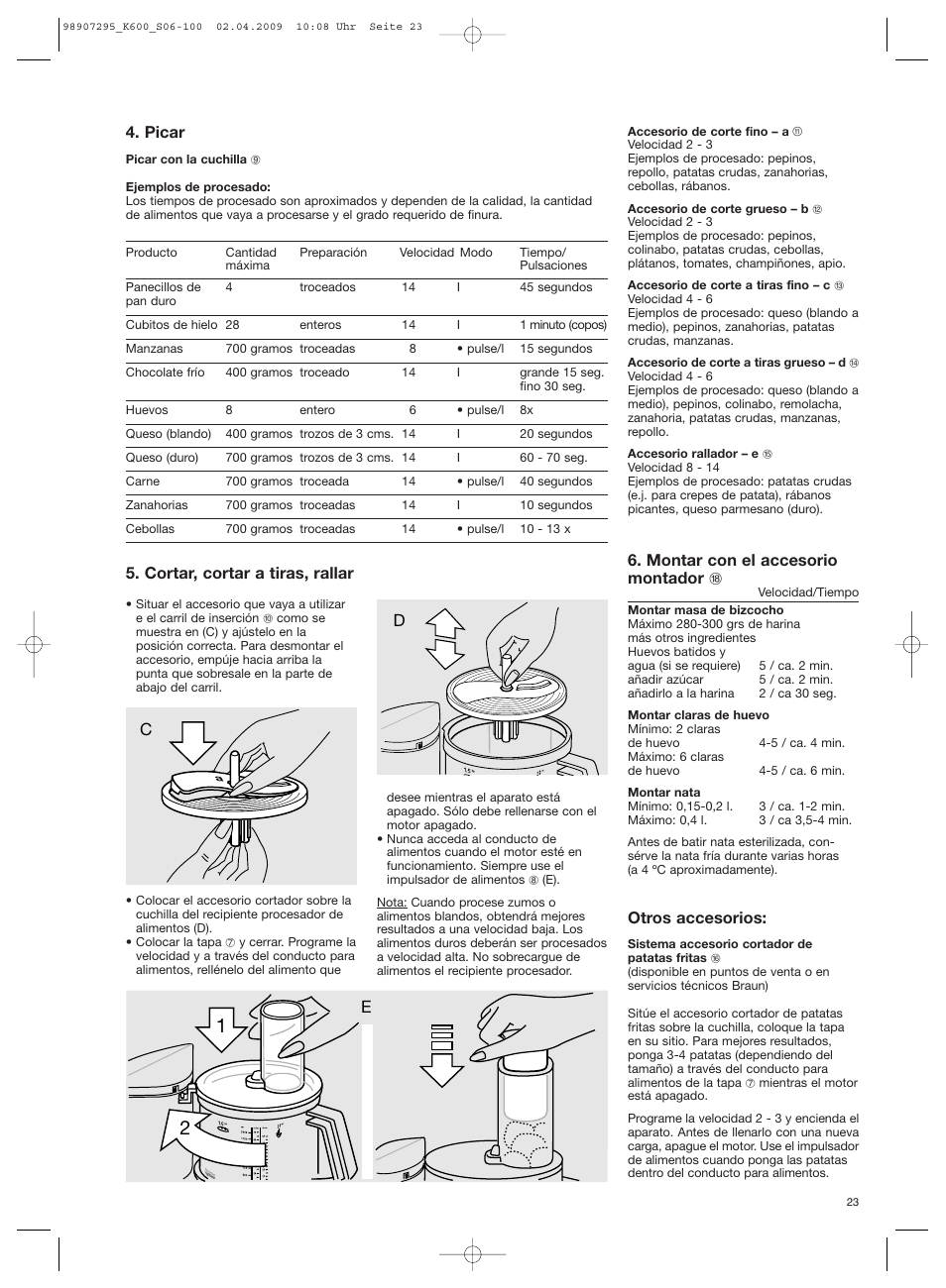 Picar, Cortar, cortar a tiras, rallar, Montar con el accesorio montador r | Otros accesorios | Braun CombiMax 650 User Manual | Page 22 / 95