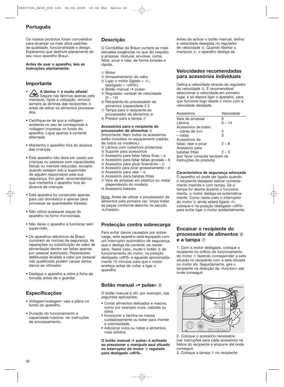 Português, Importante, Especificações | Descrição, Protecção contra sobrecarga, Botão manual «• pulse» 4 | Braun CombiMax 650 User Manual | Page 25 / 95