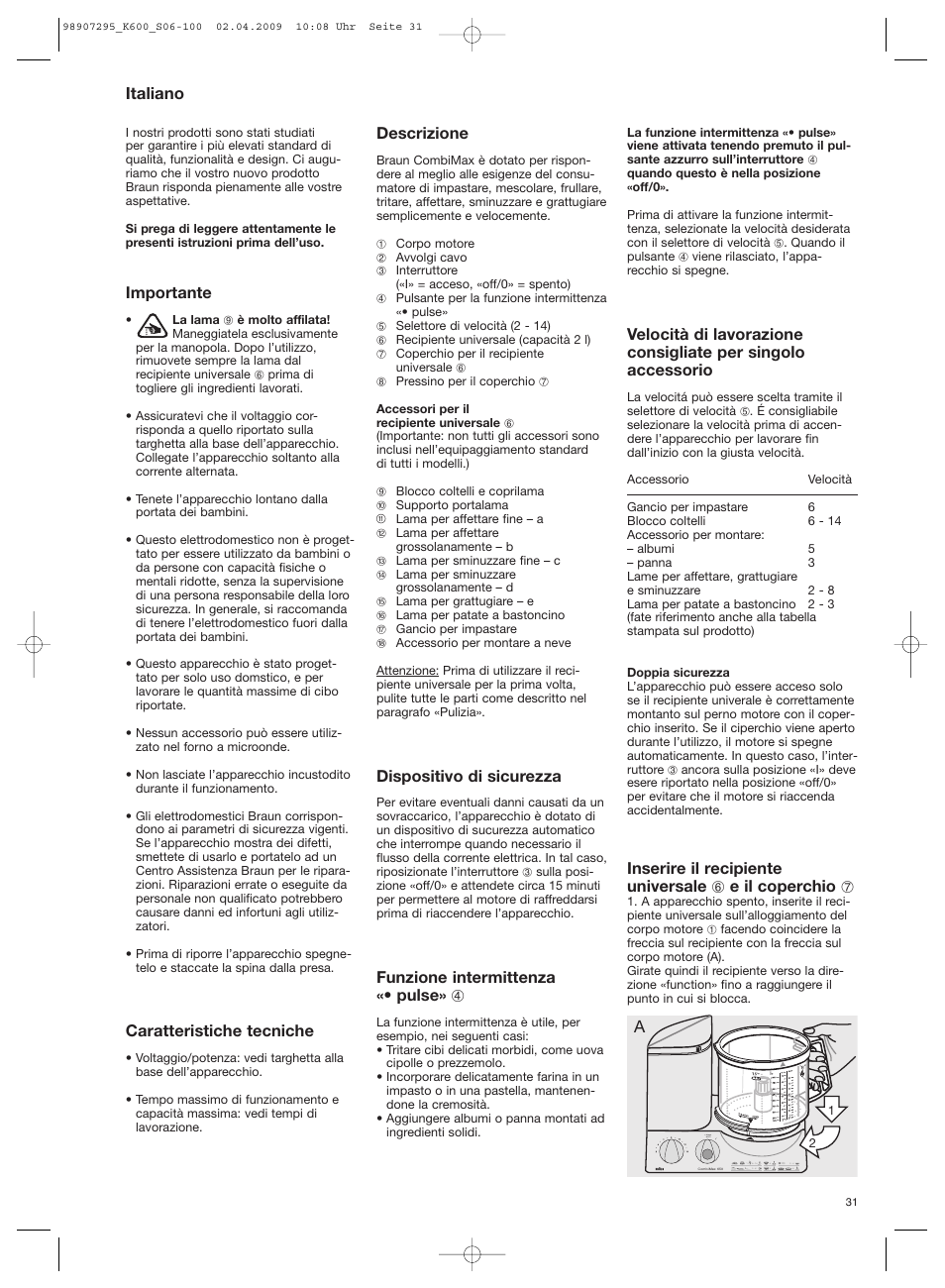 Italiano, Importante, Caratteristiche tecniche | Descrizione, Dispositivo di sicurezza, Funzione intermittenza «• pulse» 4 | Braun CombiMax 650 User Manual | Page 30 / 95