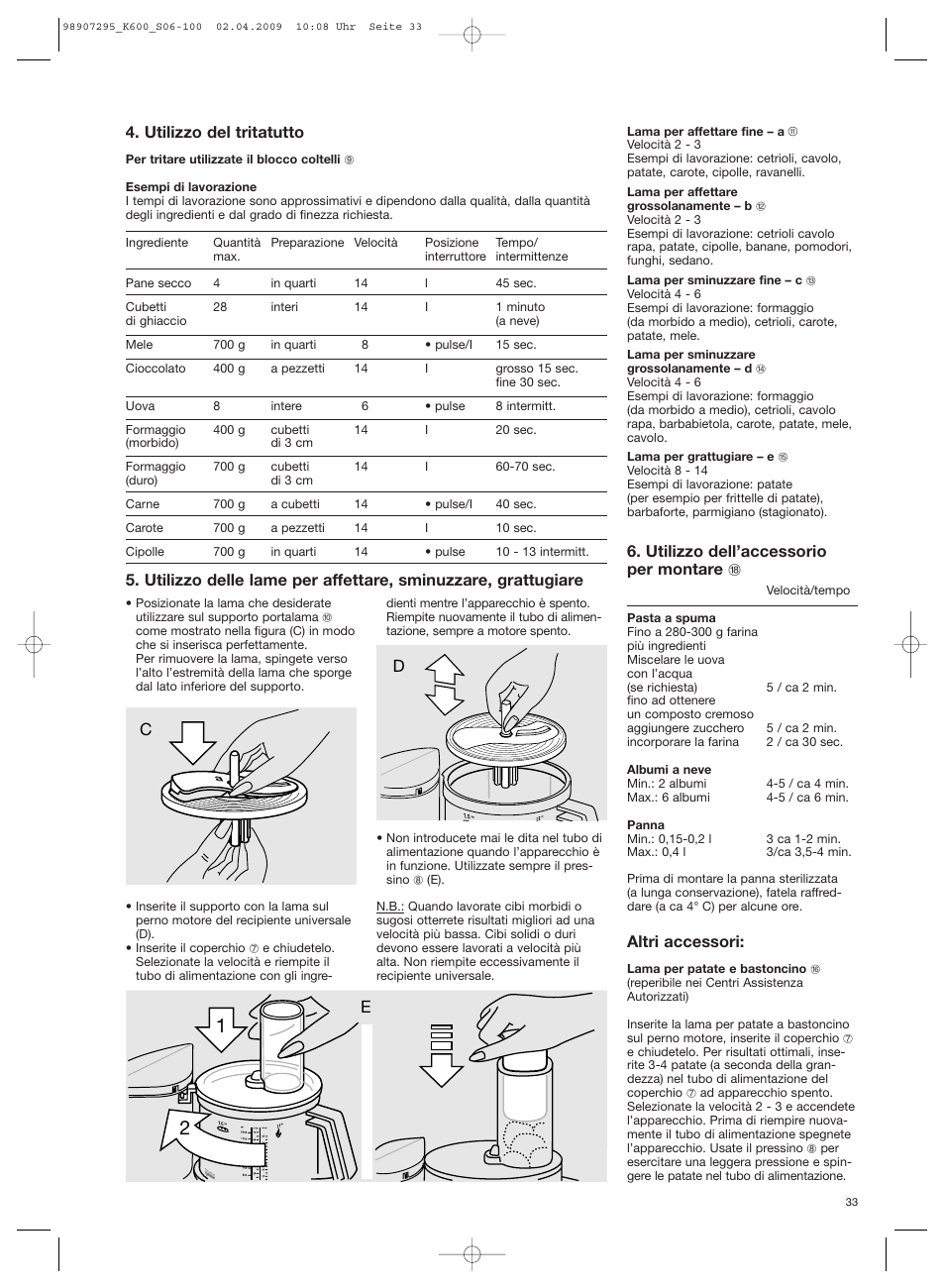 Utilizzo del tritatutto, Utilizzo dell’accessorio per montare r, Altri accessori | Braun CombiMax 650 User Manual | Page 32 / 95