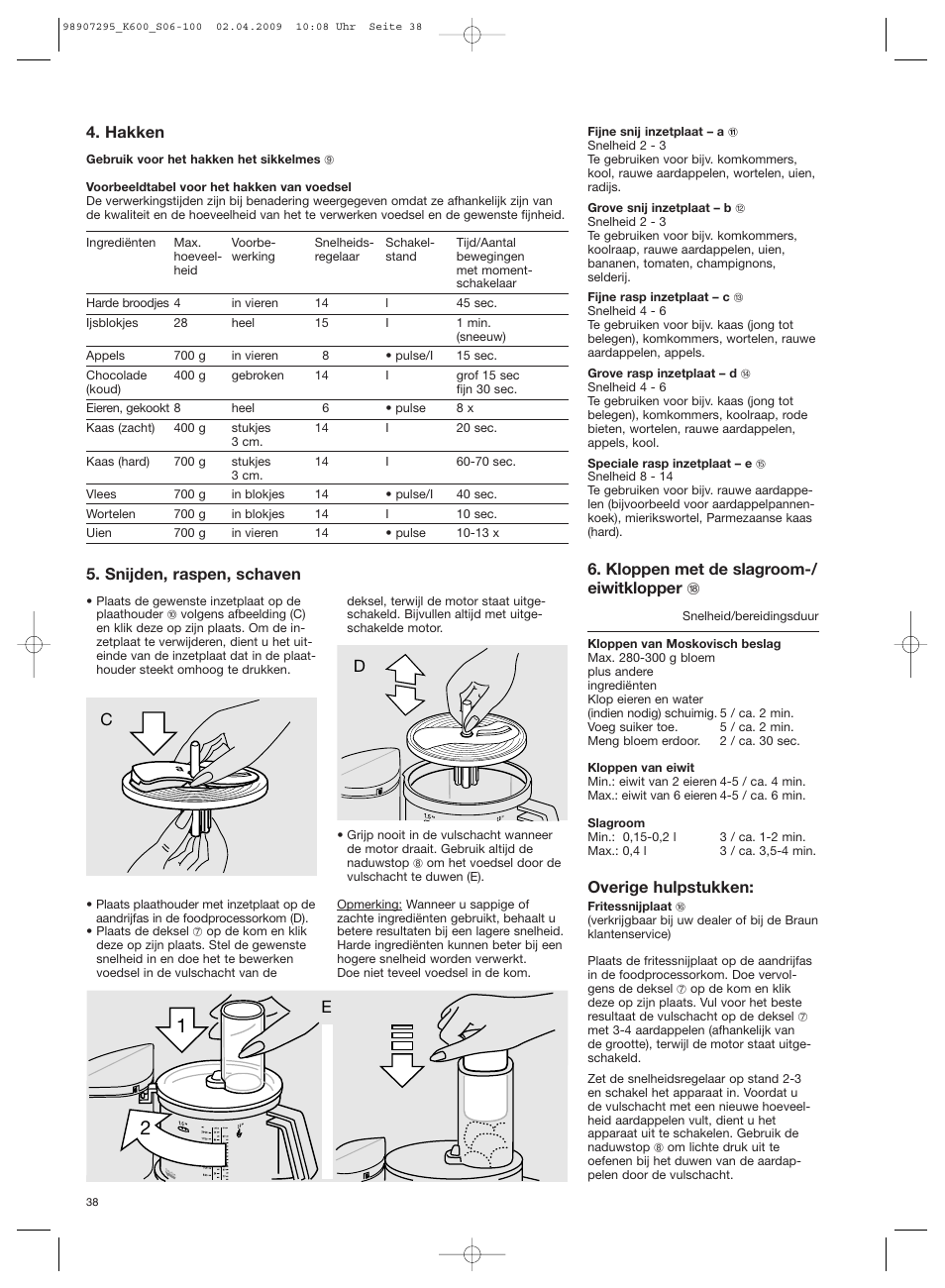 Hakken, Snijden, raspen, schaven, Kloppen met de slagroom-/ eiwitklopper r | Overige hulpstukken | Braun CombiMax 650 User Manual | Page 37 / 95