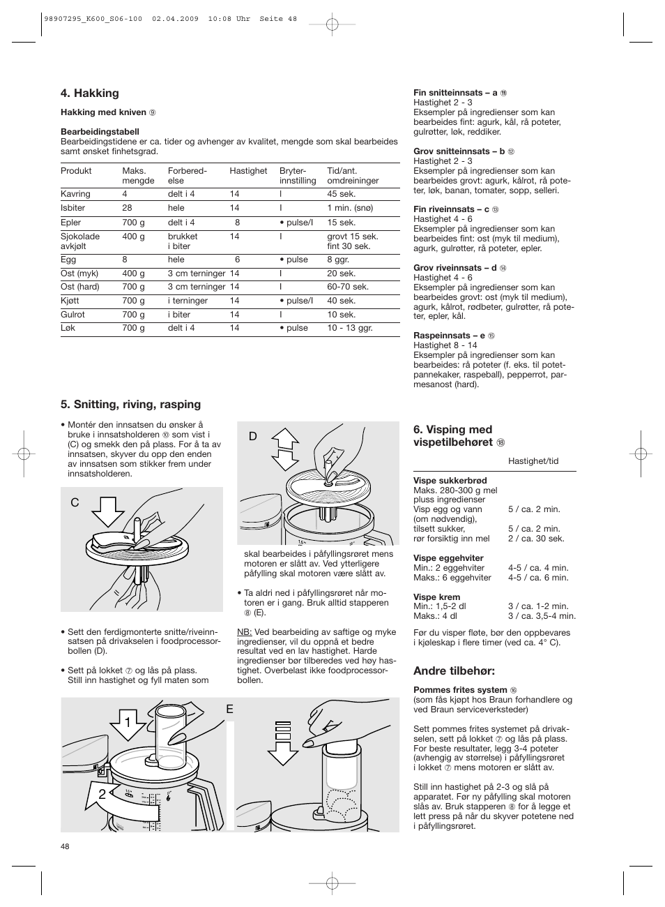 Hakking, Snitting, riving, rasping, Visping med vispetilbehøret r | Andre tilbehør | Braun CombiMax 650 User Manual | Page 47 / 95