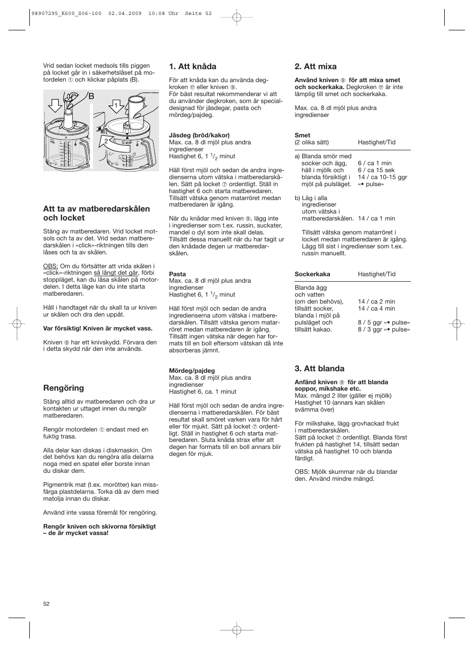 Att ta av matberedarskålen och locket, Rengöring, Att knåda | Att mixa, Att blanda | Braun CombiMax 650 User Manual | Page 51 / 95
