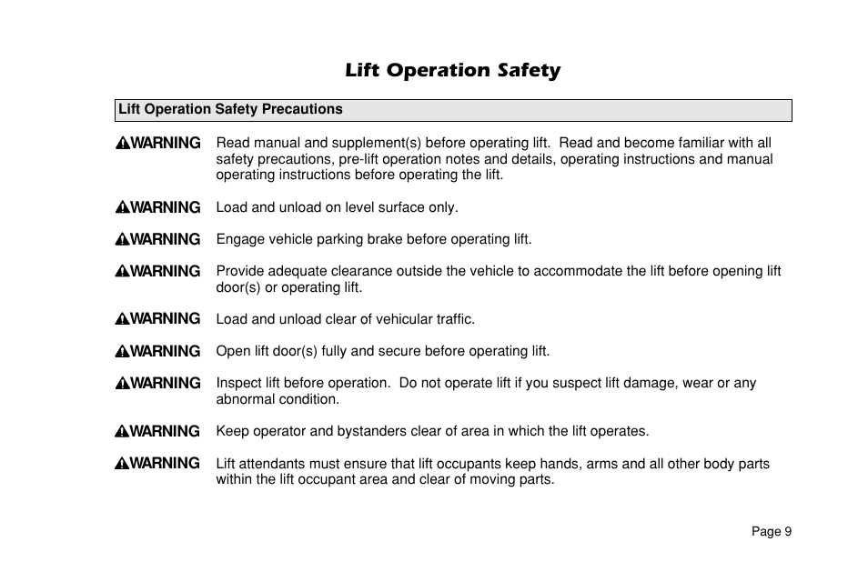 Lift operation safety | Braun ULTRA SERIES 05 L200UARS User Manual | Page 11 / 51