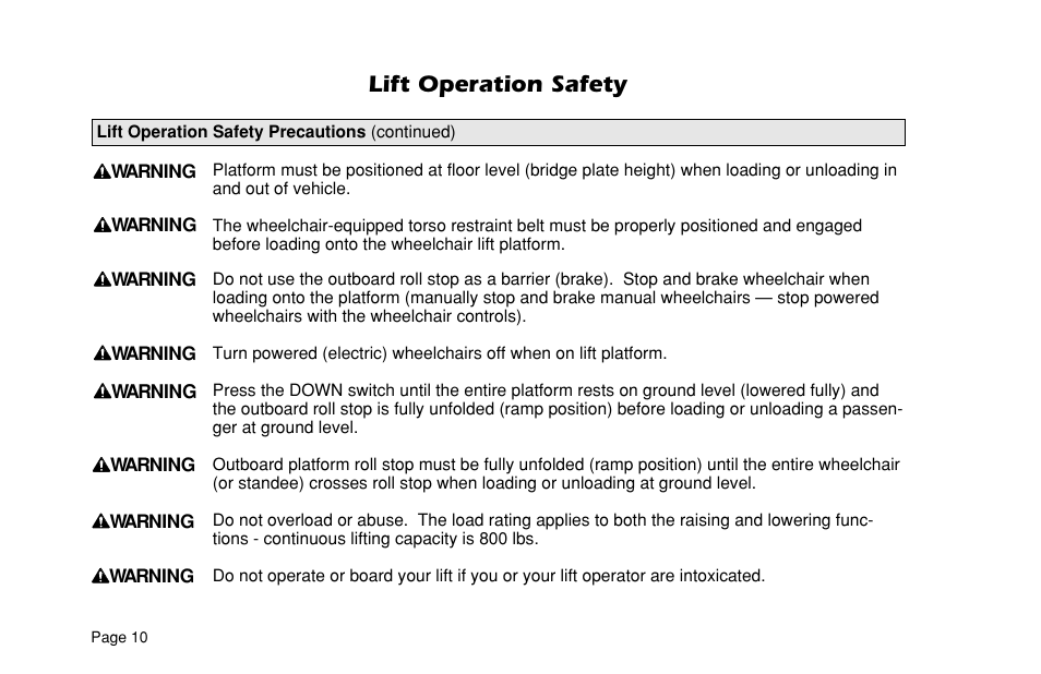 Lift operation safety | Braun ULTRA SERIES 05 L200UARS User Manual | Page 12 / 51