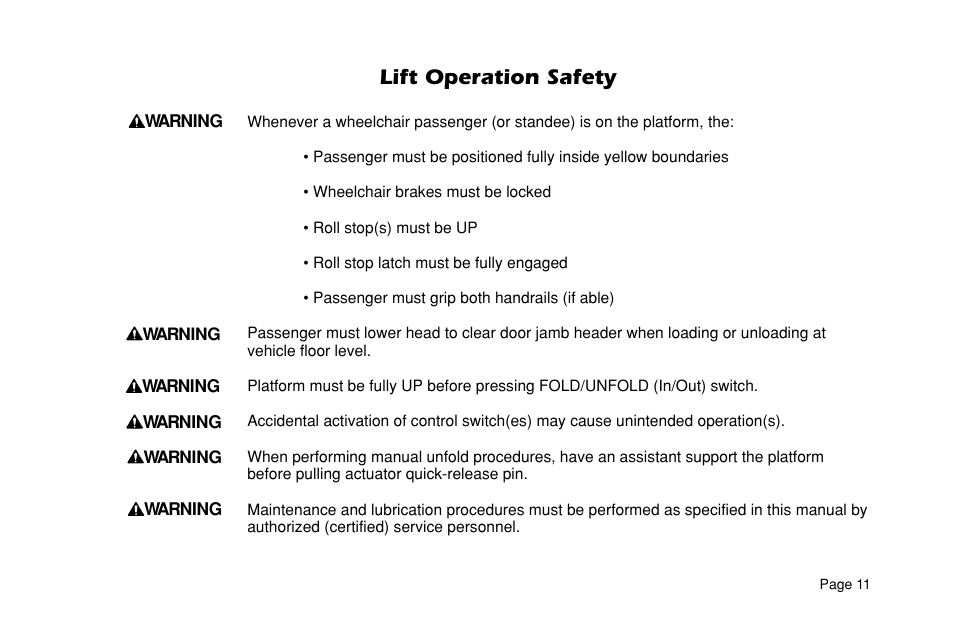 Lift operation safety | Braun ULTRA SERIES 05 L200UARS User Manual | Page 13 / 51