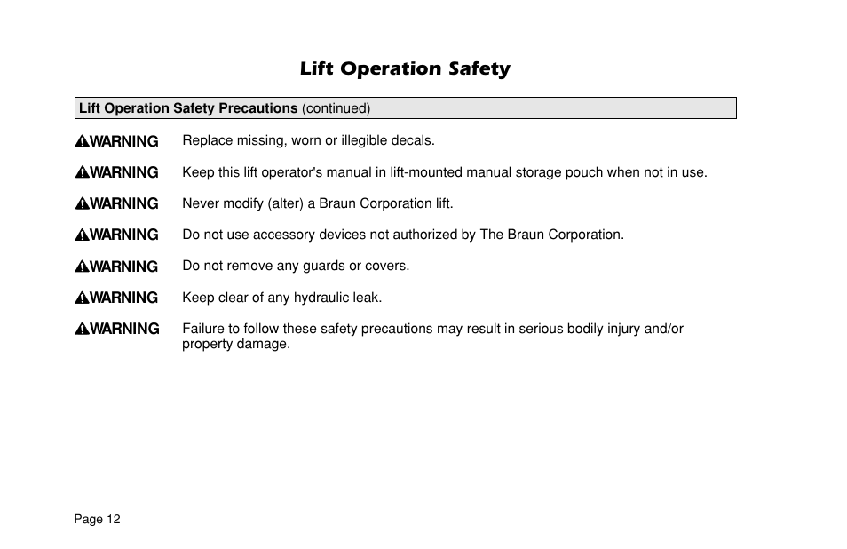 Lift operation safety | Braun ULTRA SERIES 05 L200UARS User Manual | Page 14 / 51