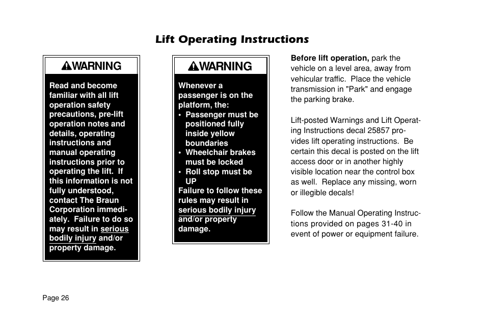 Warning, Lift operating instructions | Braun ULTRA SERIES 05 L200UARS User Manual | Page 28 / 51