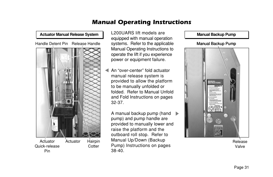 Manual operating instructions, Page 31, Actuator manual release system manual backup pump | Manual backup pump | Braun ULTRA SERIES 05 L200UARS User Manual | Page 33 / 51