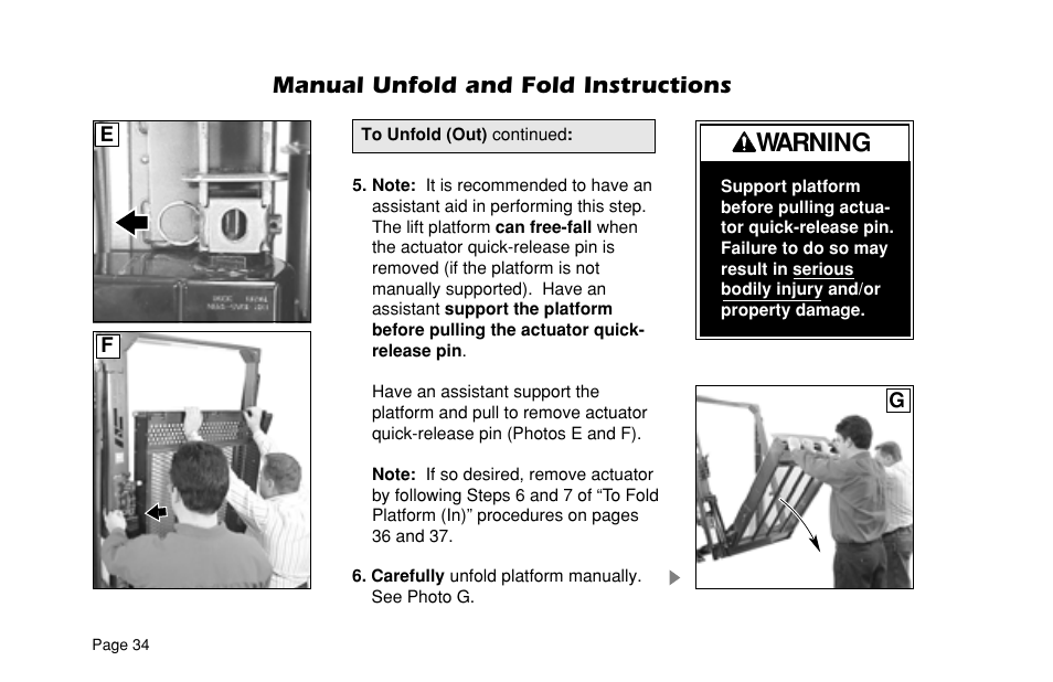 Warning, Manual unfold and fold instructions | Braun ULTRA SERIES 05 L200UARS User Manual | Page 36 / 51