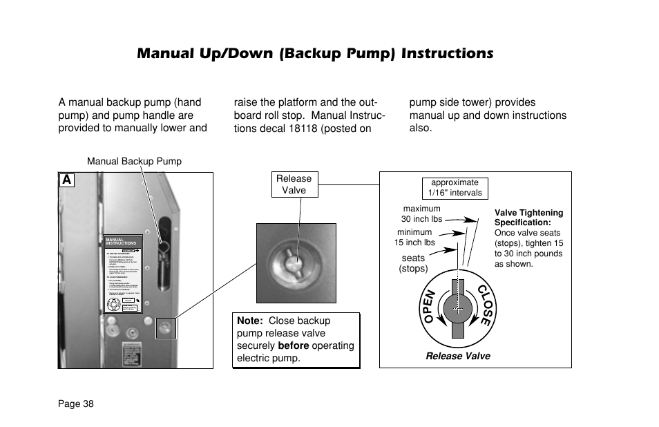 Manual up/down (backup pump) instructions, Cl o s e, Op e n | Page 38, Release valve, Seats (stops), Manual backup pump | Braun ULTRA SERIES 05 L200UARS User Manual | Page 40 / 51